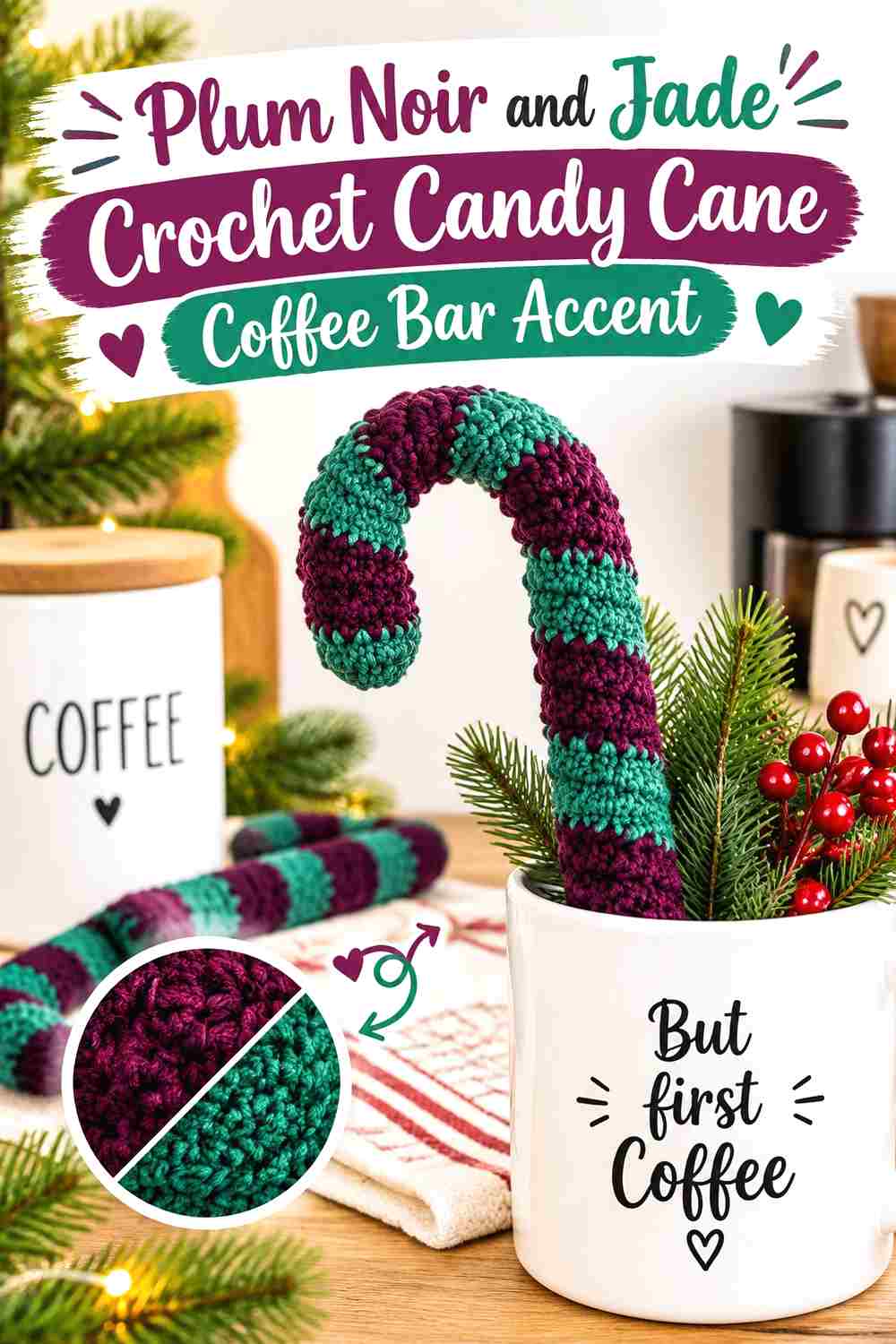9. Plum Noir And Jade Crochet Candy Cane Coffee Bar Accent