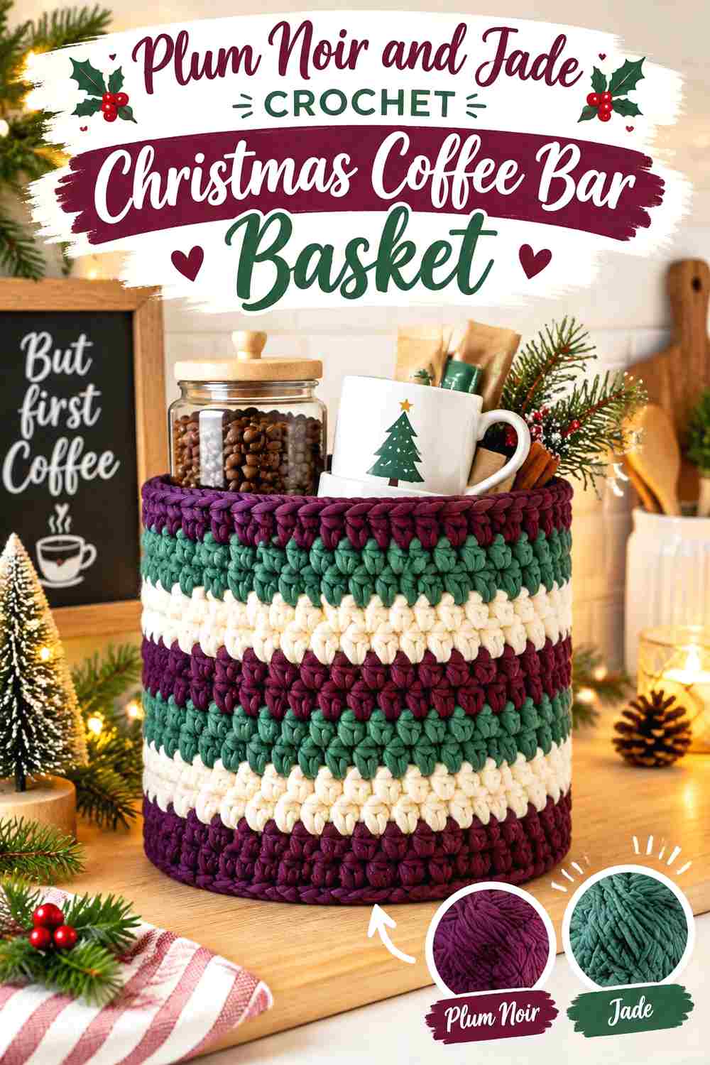 4. Plum Noir And Jade Crochet Christmas Coffee Bar Basket