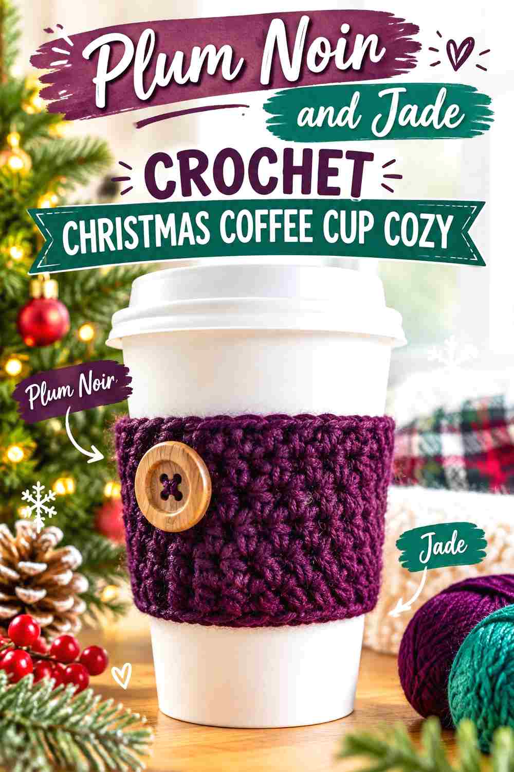 1. Plum Noir And Jade Crochet Christmas Coffee Cup Cozy