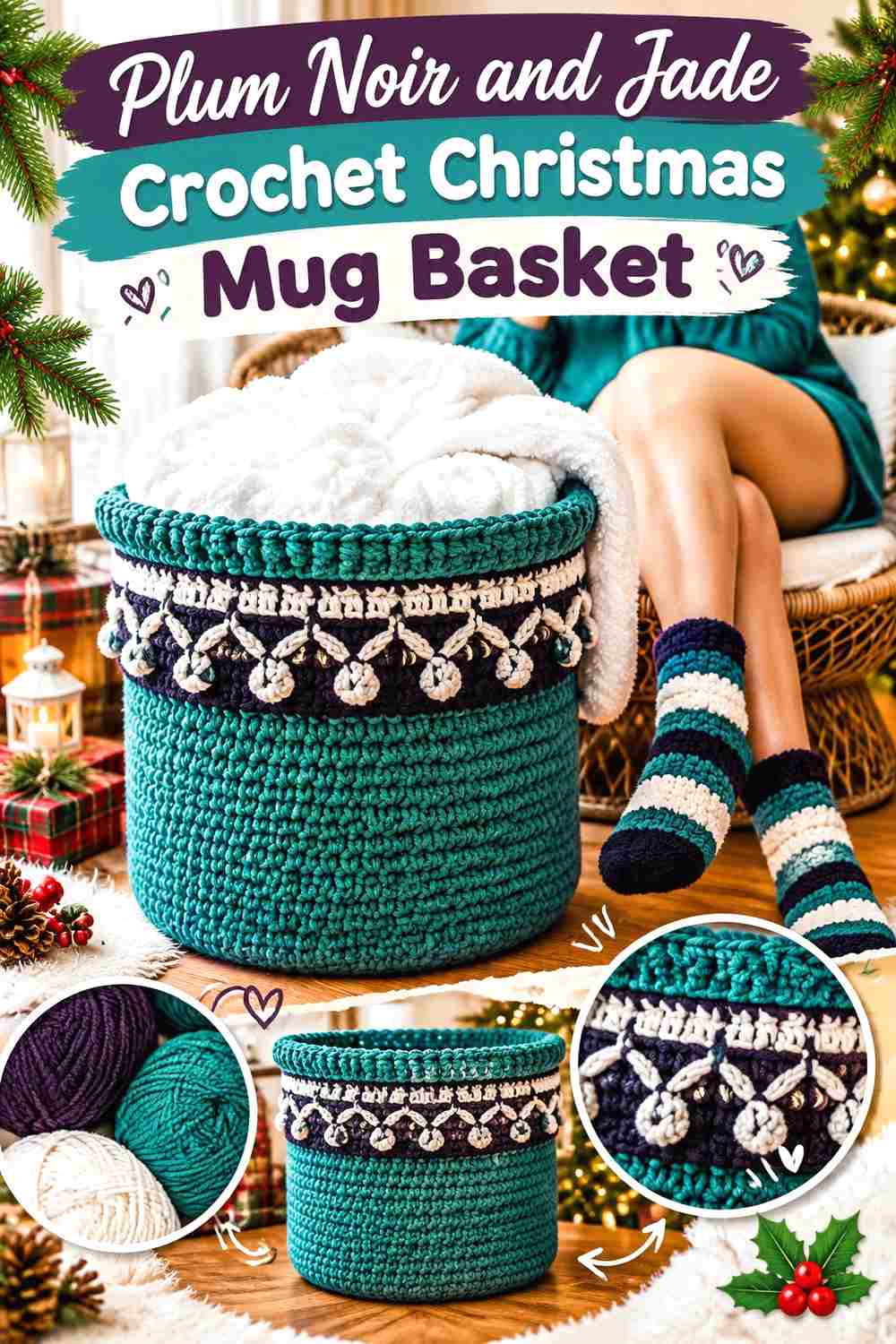 12. Plum Noir And Jade Crochet Christmas Mug Basket