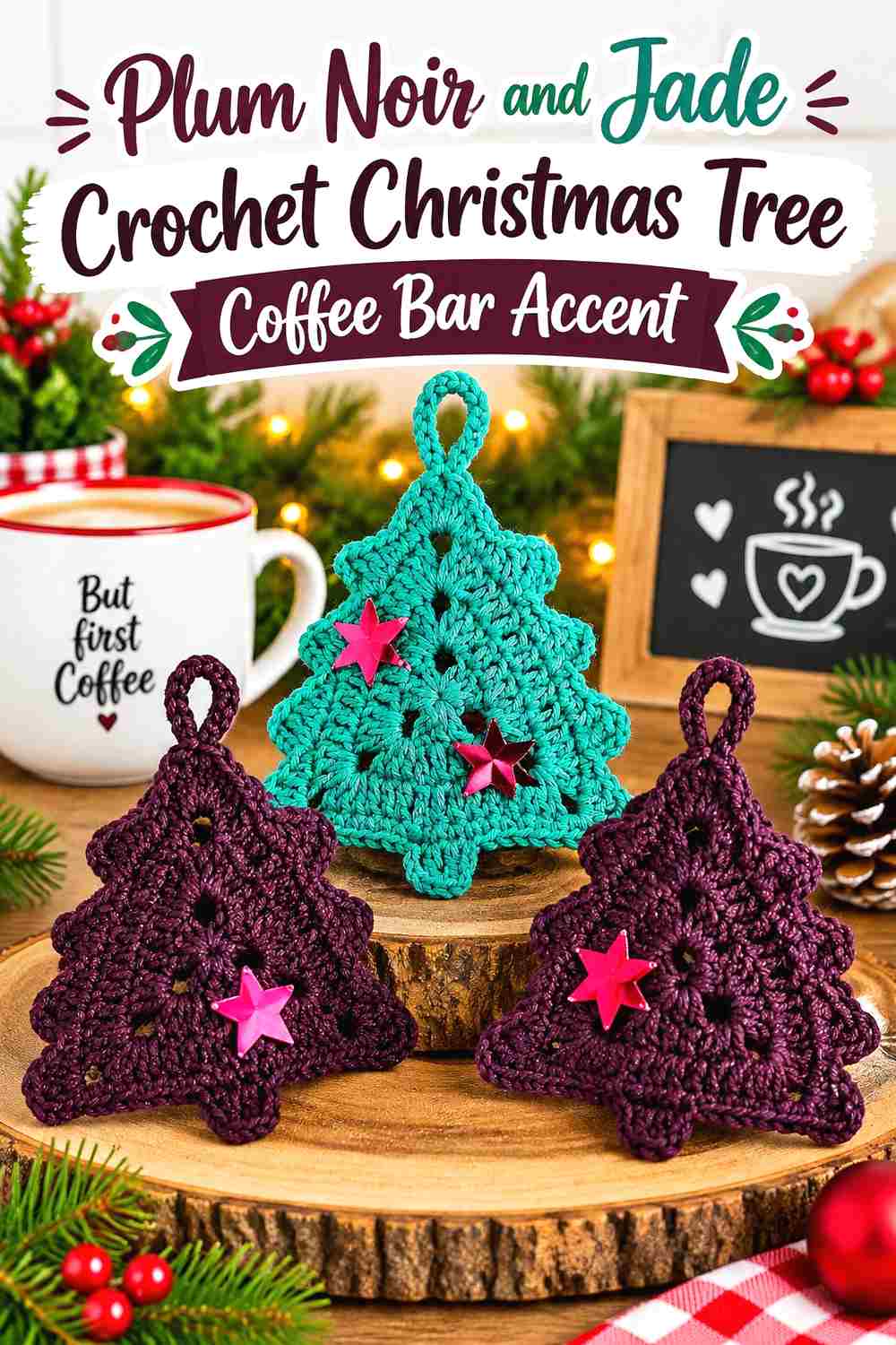 5. Plum Noir And Jade Crochet Christmas Tree Coffee Bar Accent