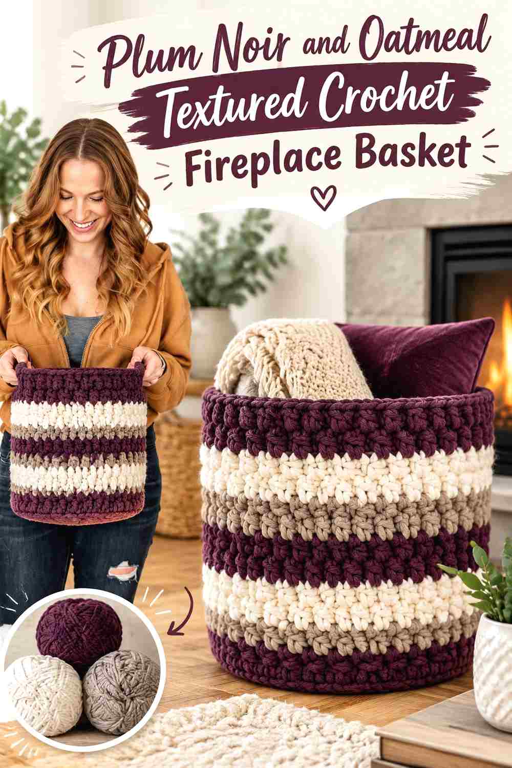 4. Plum Noir And Oatmeal Textured Crochet Fireplace Basket