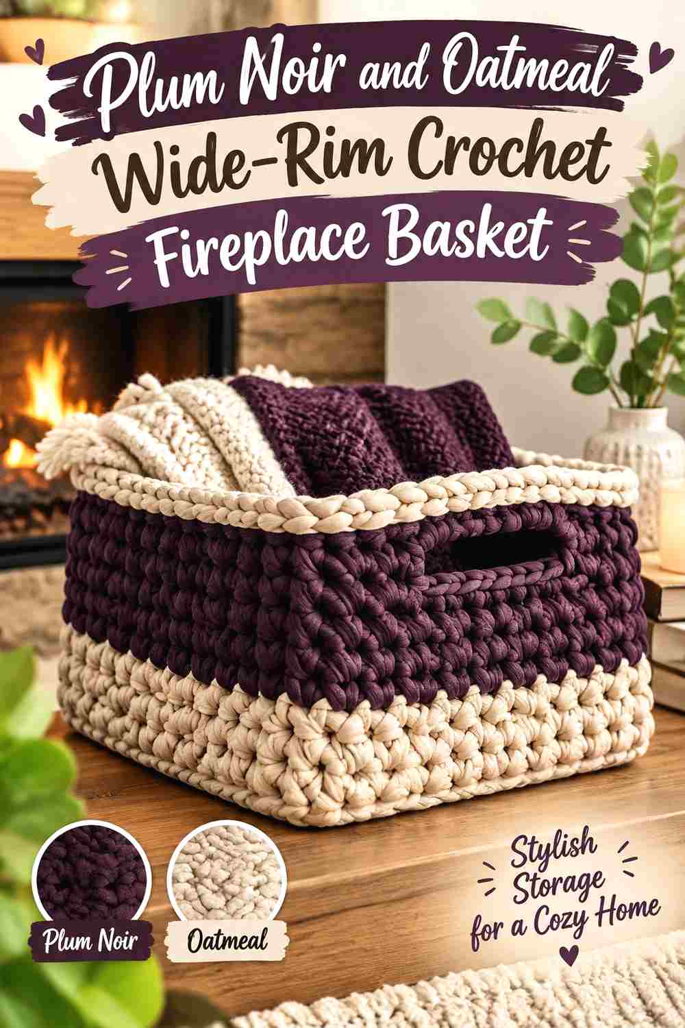 6. Plum Noir And Oatmeal Wide Rim Crochet Fireplace Basket