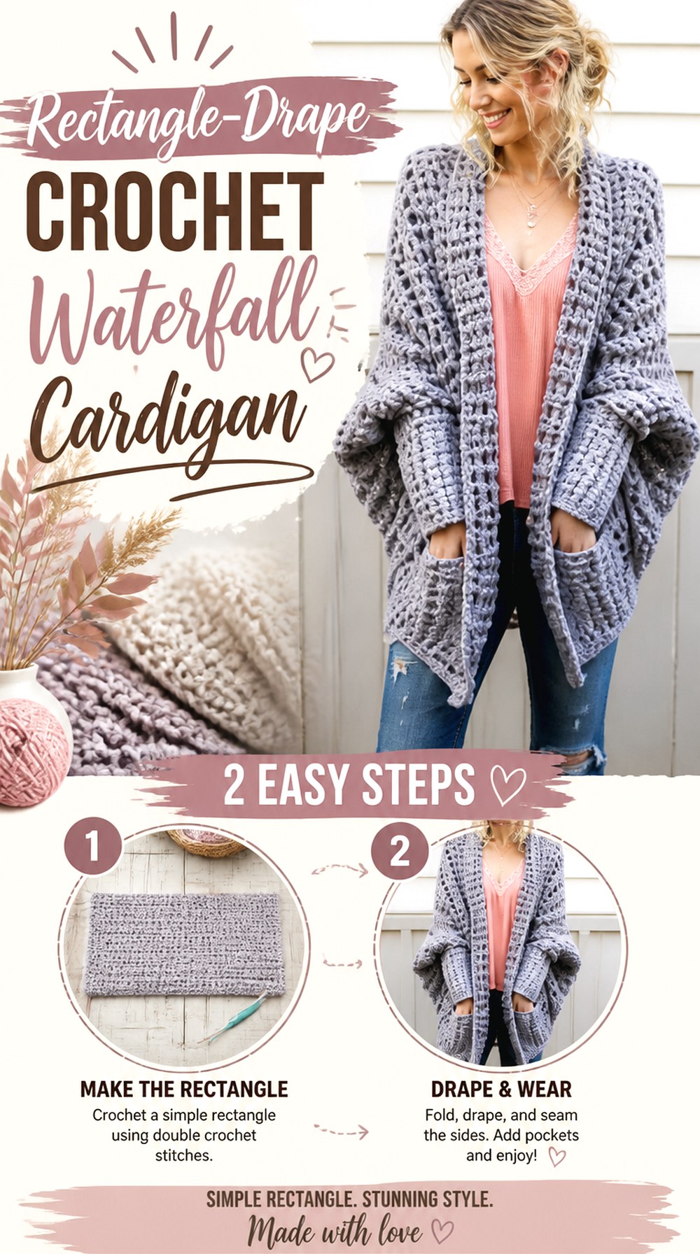 Rectangle Drape Crochet Waterfall Cardigan