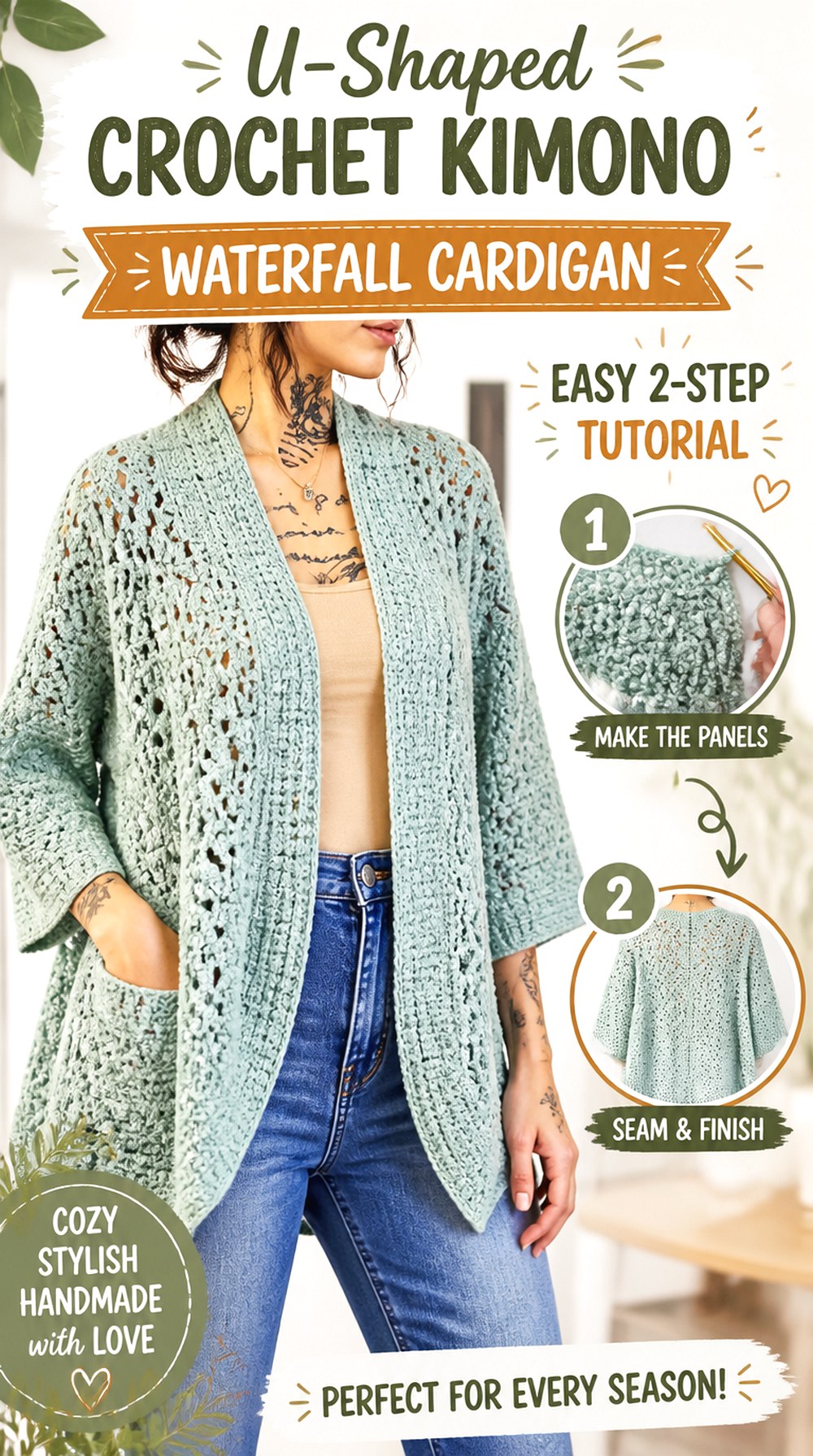 U Shaped Crochet Kimono Waterfall Cardigan