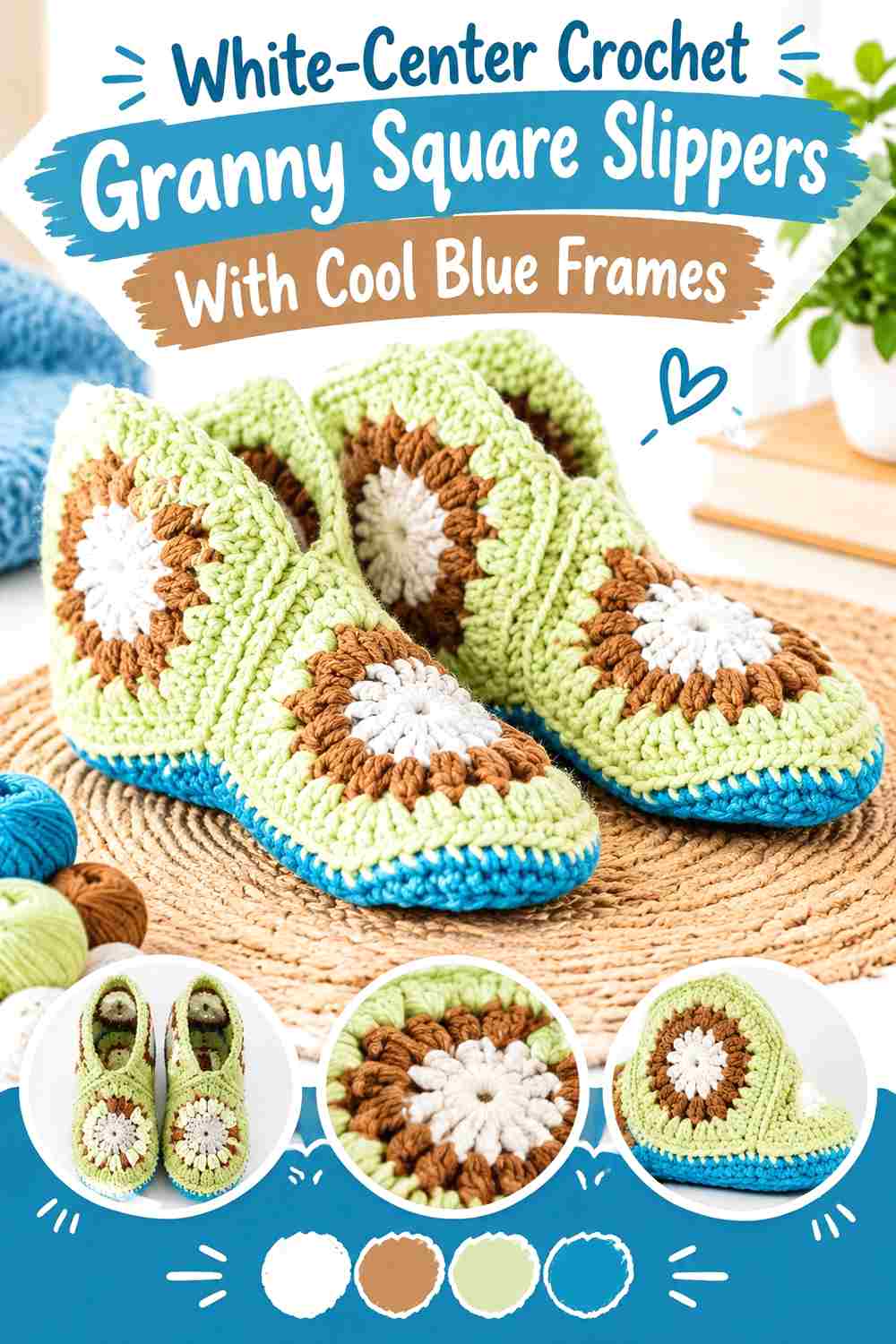 2. White Center Crochet Granny Square Slippers With Cool Blue Frames