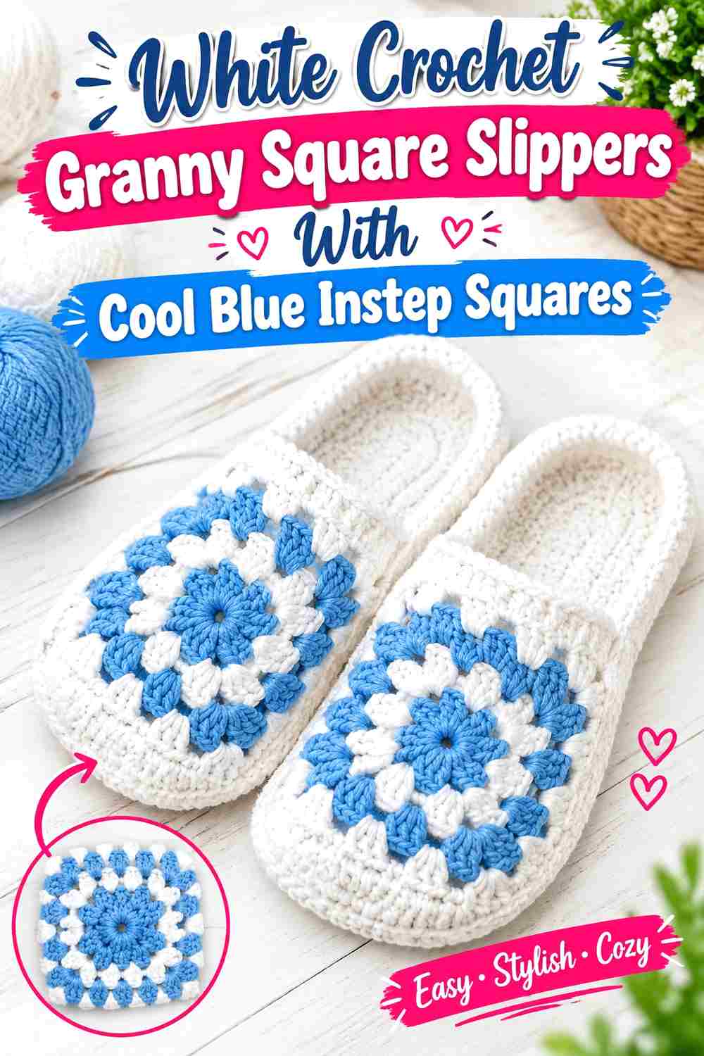 7. White Crochet Granny Square Slippers With Cool Blue Instep Squares