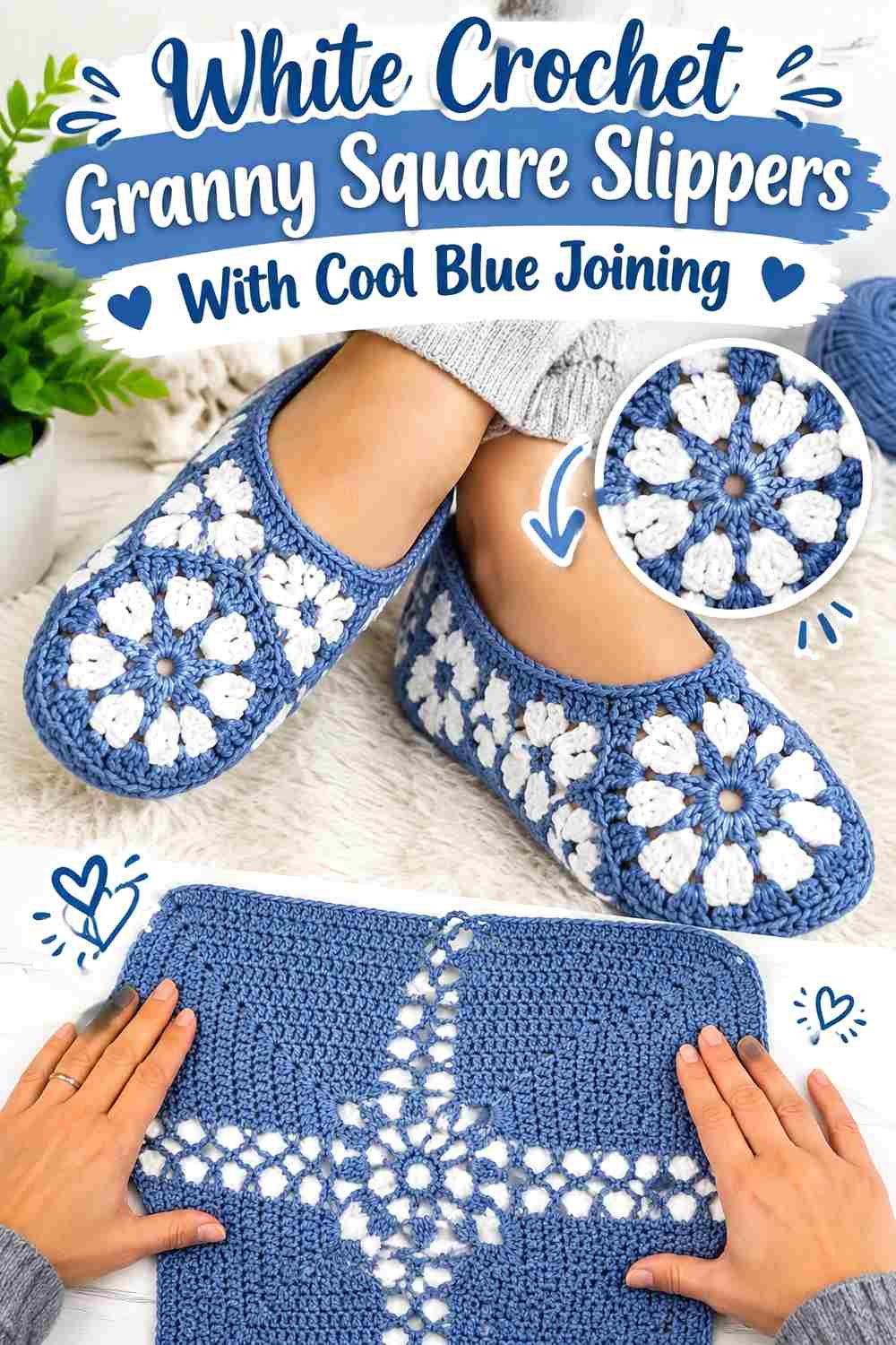 5. White Crochet Granny Square Slippers With Cool Blue Joining