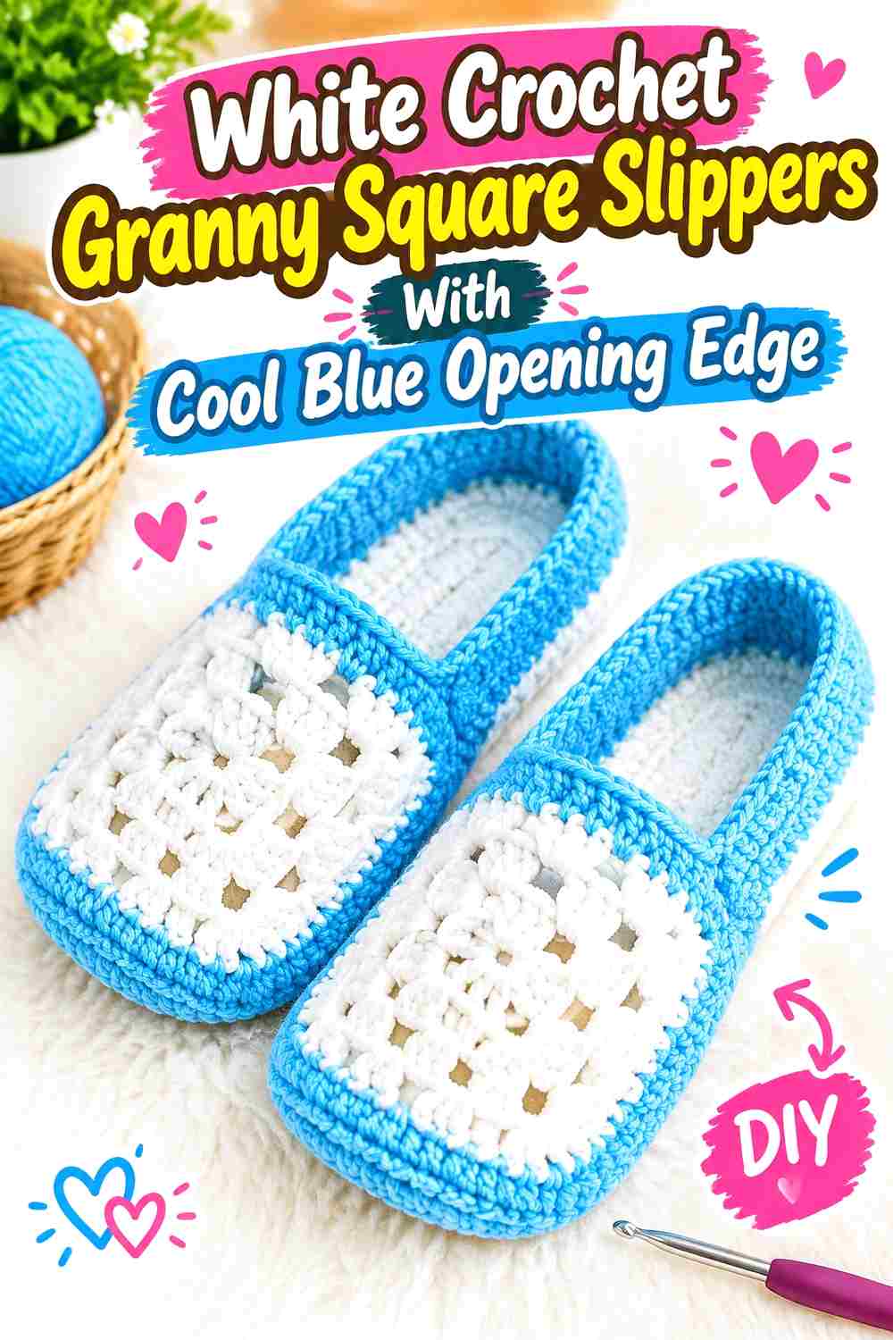 10. White Crochet Granny Square Slippers With Cool Blue Opening Edge